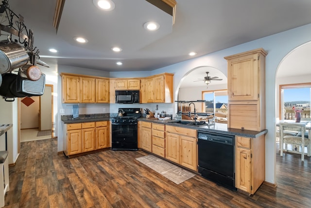 kitchen with ceiling fan, light brown cabinets, dark hardwood / wood-style floors, black appliances, and sink