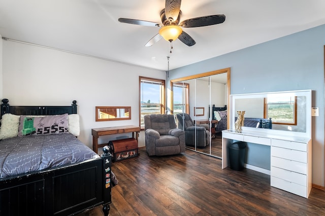 bedroom with ceiling fan, a closet, and dark wood-type flooring