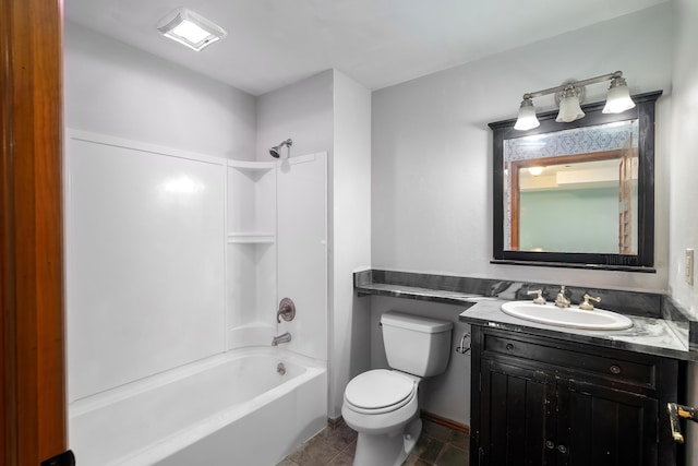 full bathroom with tub / shower combination, toilet, vanity, and tile patterned flooring