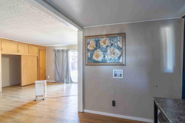 interior space featuring radiator heating unit, a textured ceiling, and light hardwood / wood-style flooring