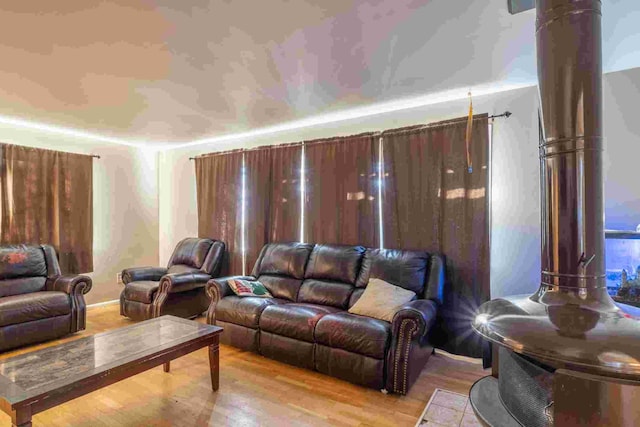 cinema room with light hardwood / wood-style floors