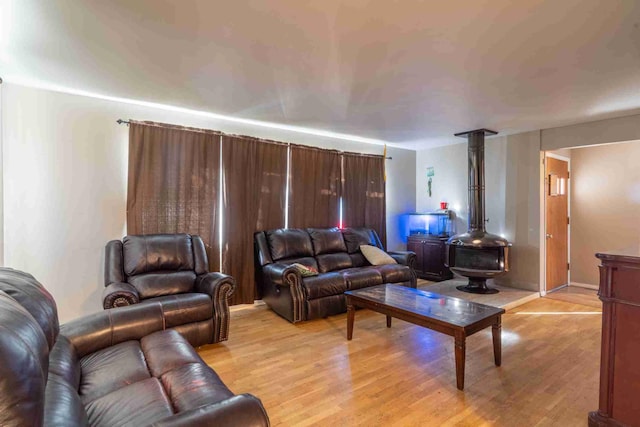 living room featuring light hardwood / wood-style floors and a wood stove