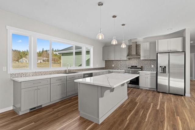 kitchen with gray cabinetry, a sink, tasteful backsplash, appliances with stainless steel finishes, and wall chimney range hood