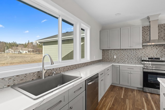 kitchen with a sink, stainless steel appliances, a wealth of natural light, and wall chimney range hood