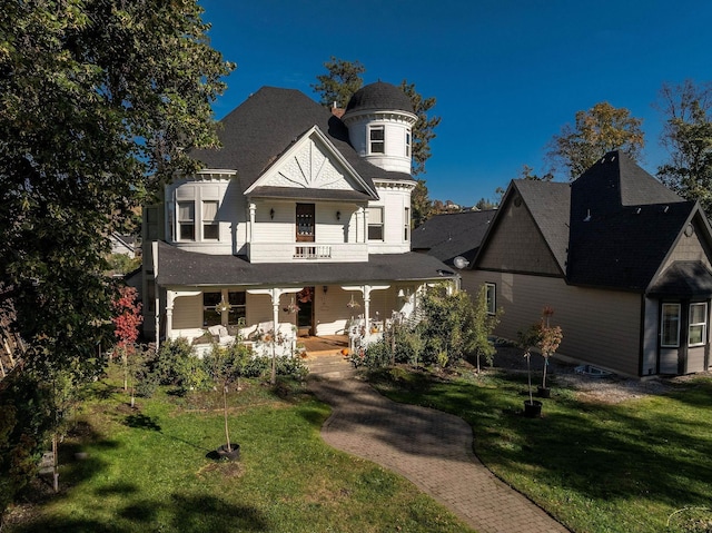 victorian home with a balcony, a front yard, and a porch