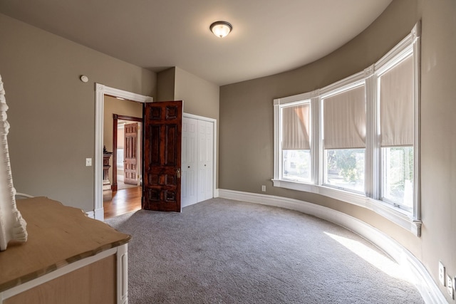 unfurnished bedroom featuring carpet floors and a closet