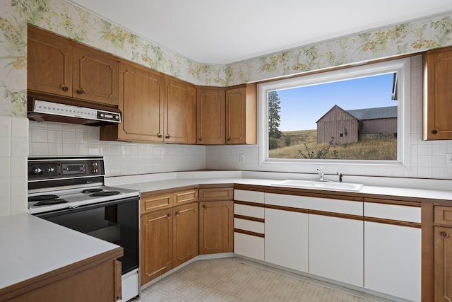 kitchen with sink and white electric range oven