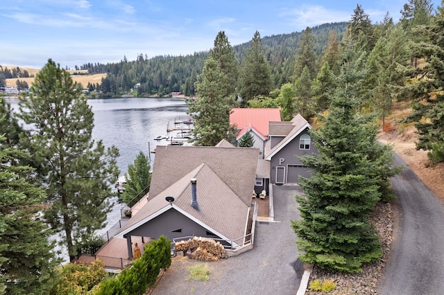 aerial view featuring a water view