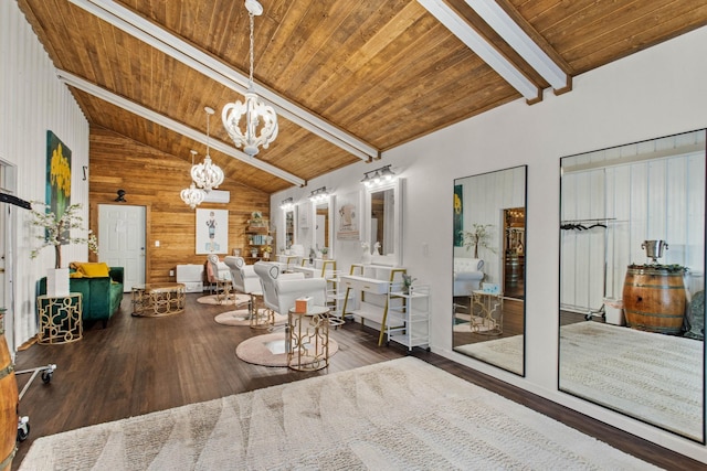 dining room with a notable chandelier, wood ceiling, beam ceiling, and high vaulted ceiling