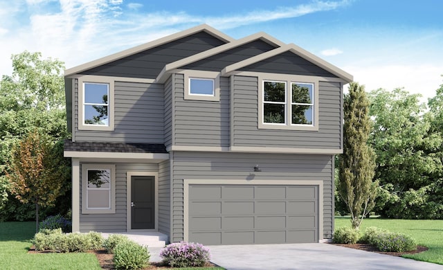 view of front of property featuring a front lawn and a garage