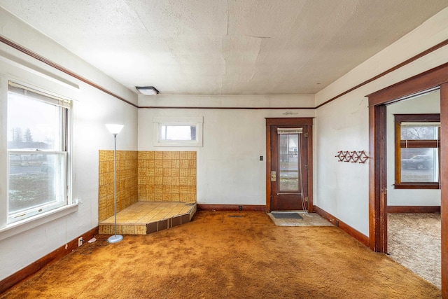 foyer entrance featuring a wealth of natural light, a textured ceiling, and carpet flooring