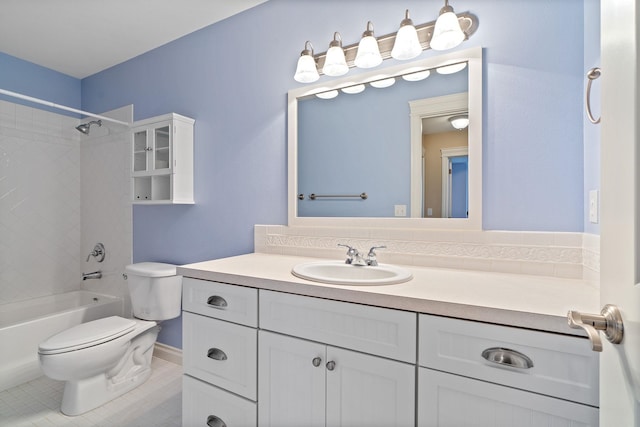 full bathroom featuring toilet, tile patterned floors, vanity, and shower / bathing tub combination