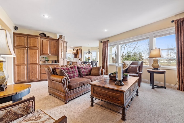 living room with light colored carpet