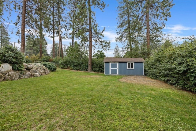 view of yard featuring a storage unit