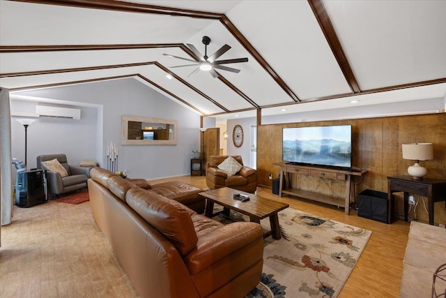 living room featuring a wall mounted air conditioner, light wood-type flooring, ceiling fan, and vaulted ceiling with beams