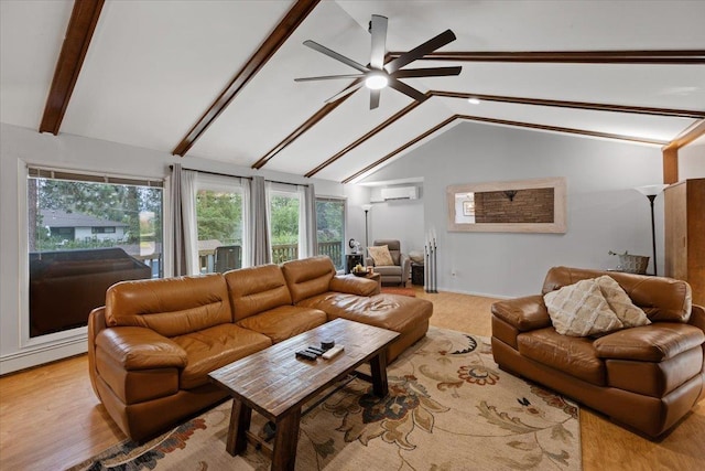 living room featuring ceiling fan, light hardwood / wood-style flooring, a wall unit AC, and vaulted ceiling with beams