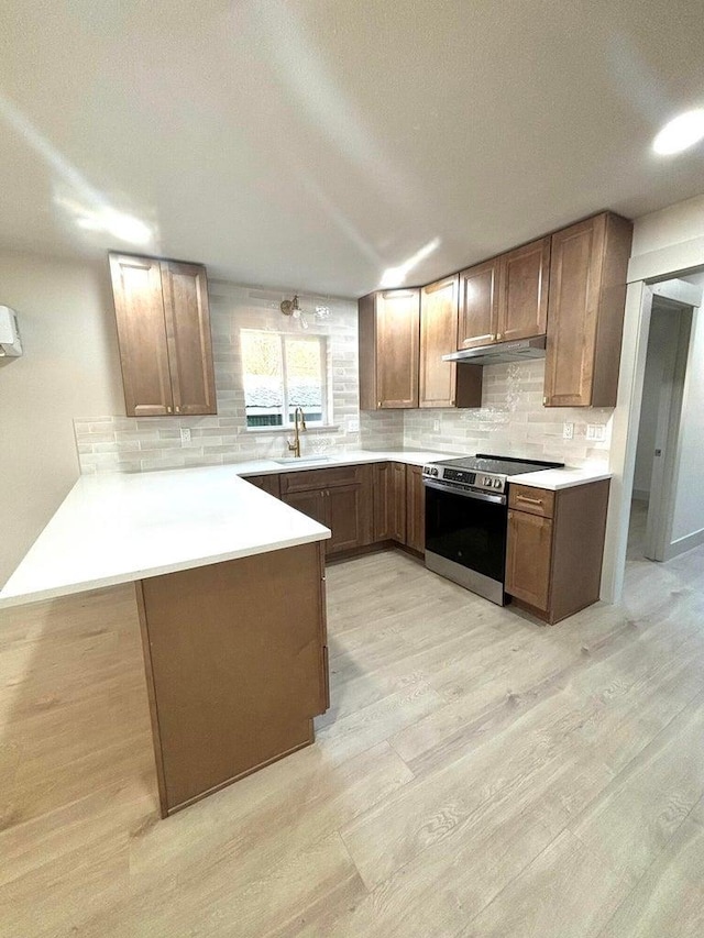 kitchen with sink, light wood-type flooring, electric range, kitchen peninsula, and backsplash