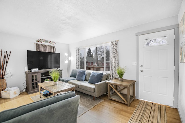 living room featuring hardwood / wood-style flooring and a textured ceiling