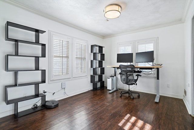 home office featuring crown molding and dark hardwood / wood-style flooring