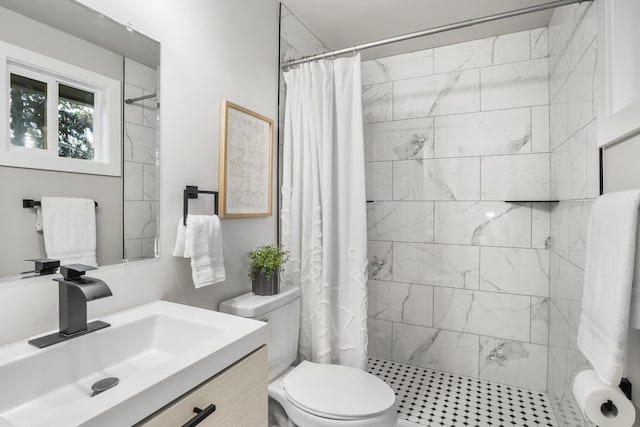 bathroom featuring toilet, vanity, and walk in shower