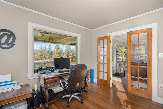 office space featuring wood-type flooring, ornamental molding, and french doors