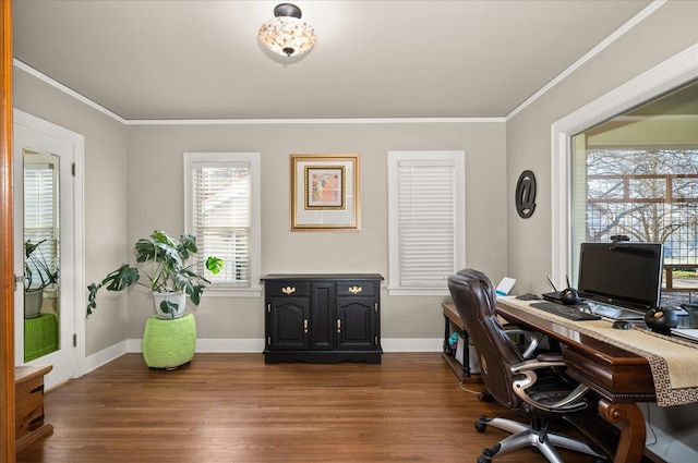 home office with dark hardwood / wood-style floors and crown molding