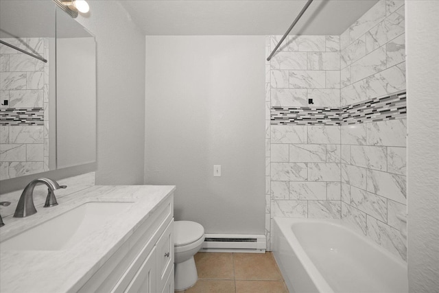 full bathroom with toilet, tiled shower / bath combo, a baseboard radiator, tile patterned flooring, and vanity