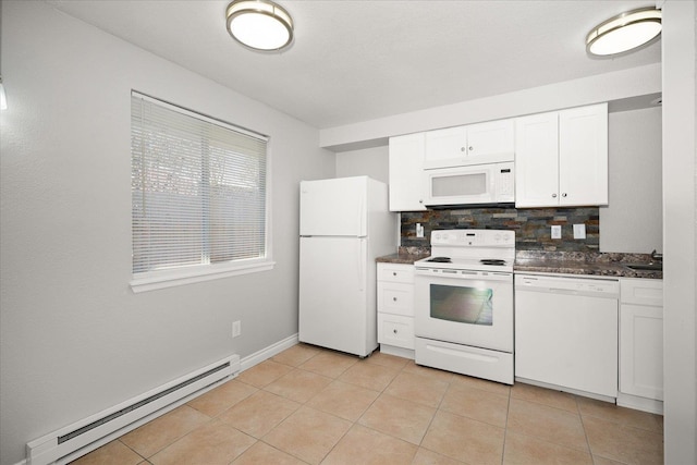 kitchen featuring white appliances, white cabinetry, baseboard heating, decorative backsplash, and light tile patterned flooring