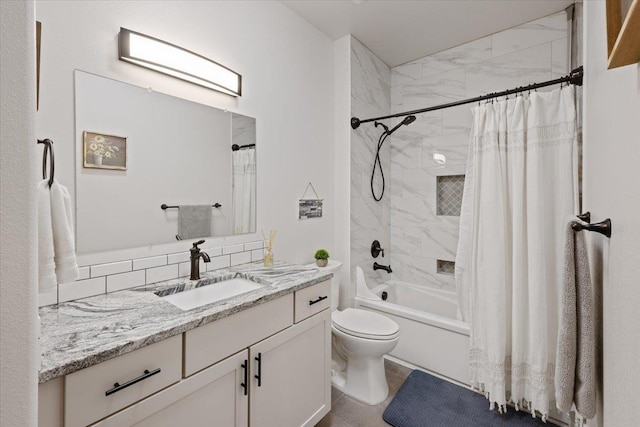 full bathroom with backsplash, toilet, shower / tub combo with curtain, and vanity