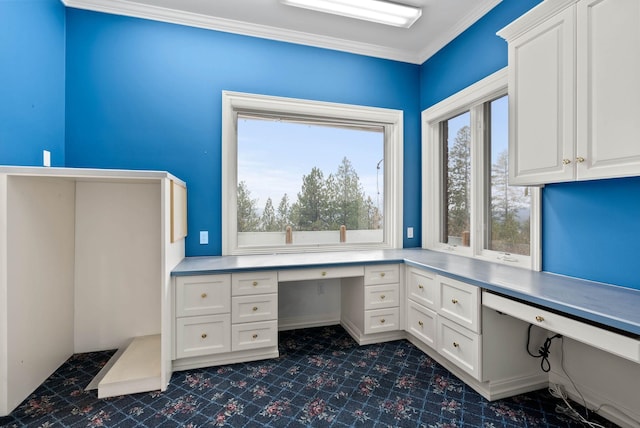 unfurnished office with crown molding and built in desk