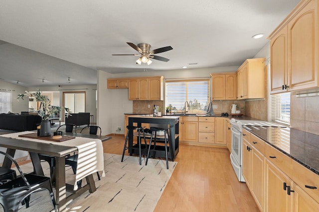 kitchen featuring light brown cabinetry, tasteful backsplash, and white electric stove