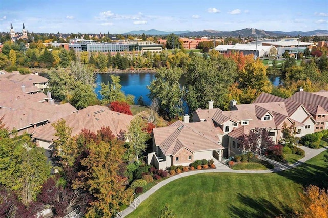 bird's eye view featuring a water and mountain view