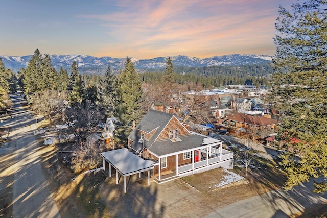 aerial view at dusk with a mountain view