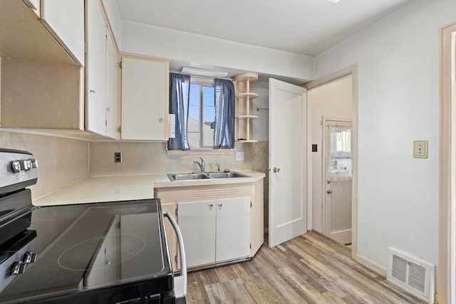 kitchen featuring sink, light wood-type flooring, white cabinets, stainless steel electric stove, and backsplash