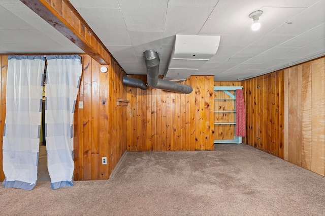 basement featuring wood walls and carpet flooring