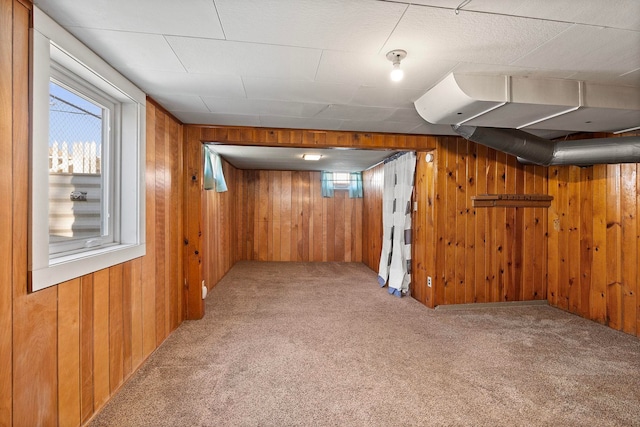 basement featuring wooden walls and carpet