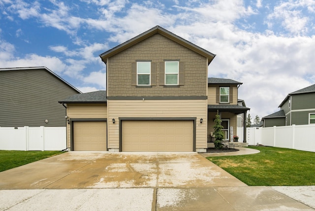 view of front facade with concrete driveway, fence, and an attached garage