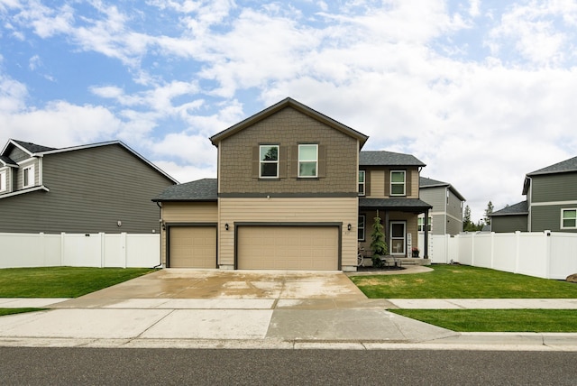 traditional home with driveway, an attached garage, and fence