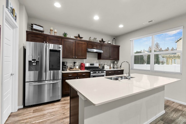 kitchen with light wood finished floors, dark brown cabinets, a sink, visible vents, and dishwasher