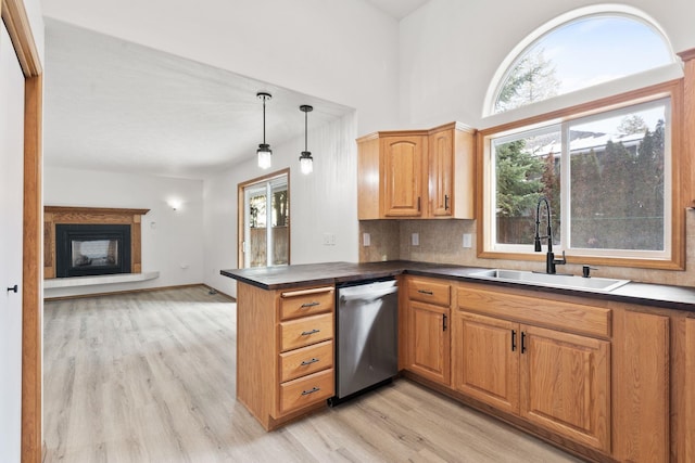 kitchen featuring sink, light hardwood / wood-style flooring, hanging light fixtures, backsplash, and stainless steel dishwasher