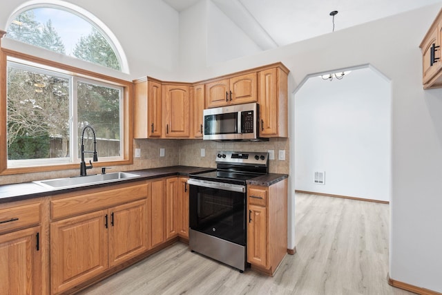 kitchen featuring a towering ceiling, appliances with stainless steel finishes, light hardwood / wood-style floors, and sink