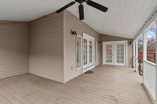 wooden terrace with french doors and ceiling fan