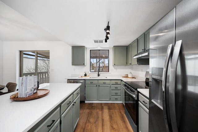 kitchen with sink, dark wood-type flooring, appliances with stainless steel finishes, track lighting, and green cabinetry