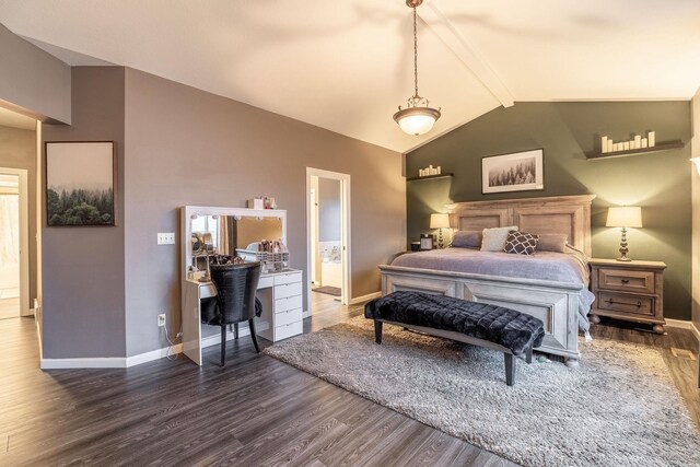 bedroom with lofted ceiling with beams and dark hardwood / wood-style floors