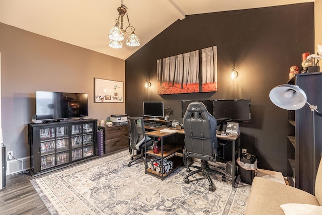 office with an inviting chandelier, vaulted ceiling, and wood-type flooring