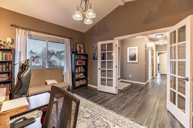 office featuring vaulted ceiling, dark hardwood / wood-style floors, a notable chandelier, and french doors