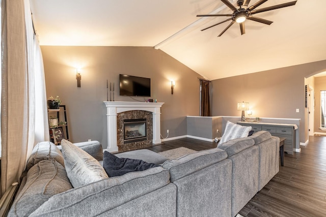 living room featuring a premium fireplace, ceiling fan, baseboard heating, vaulted ceiling with beams, and dark hardwood / wood-style flooring