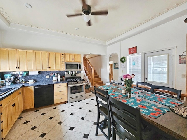 kitchen with light brown cabinetry, sink, decorative backsplash, ceiling fan, and stainless steel appliances