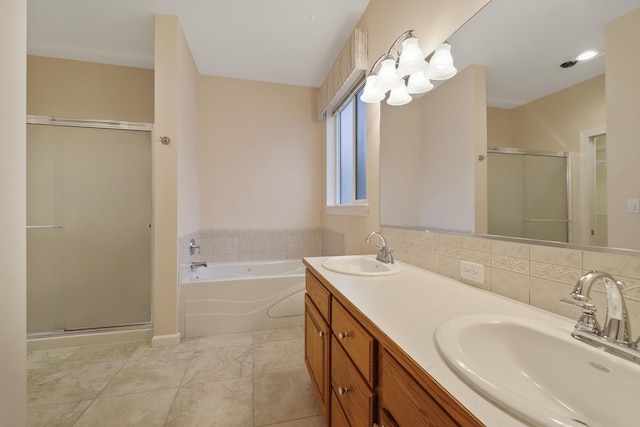 bathroom with independent shower and bath, vanity, tile patterned floors, and decorative backsplash