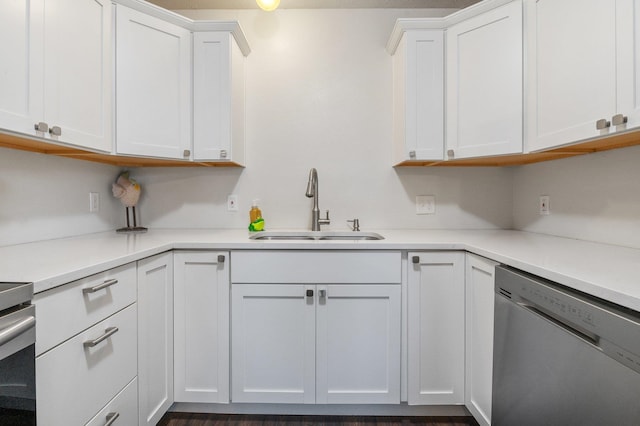 kitchen featuring white cabinetry, dishwasher, and sink